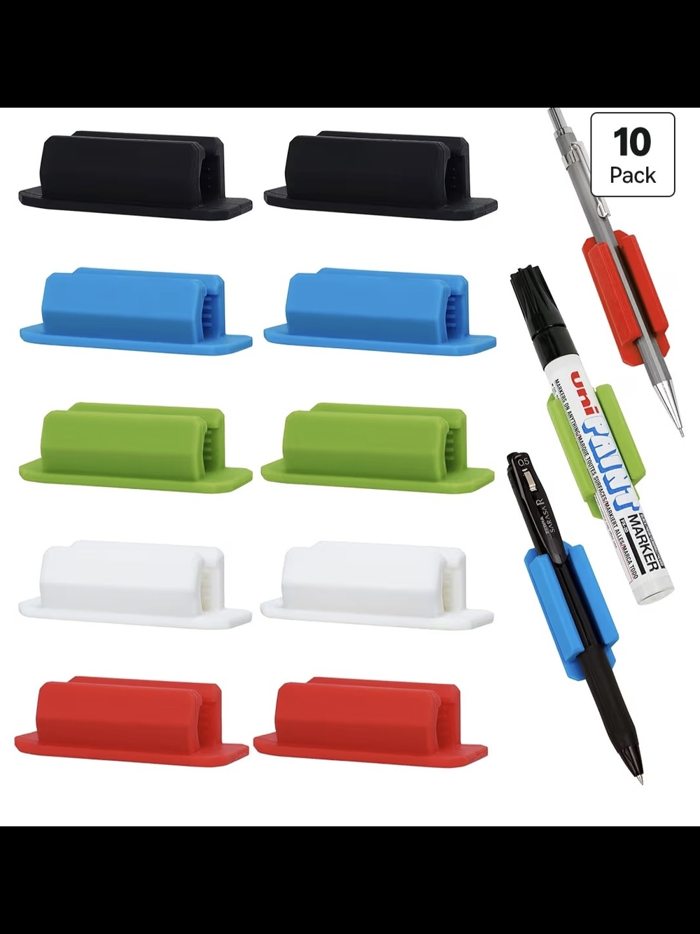 10-Pack Pen Grip Holders - Multicolor (Black, Blue, Green, White, Red)